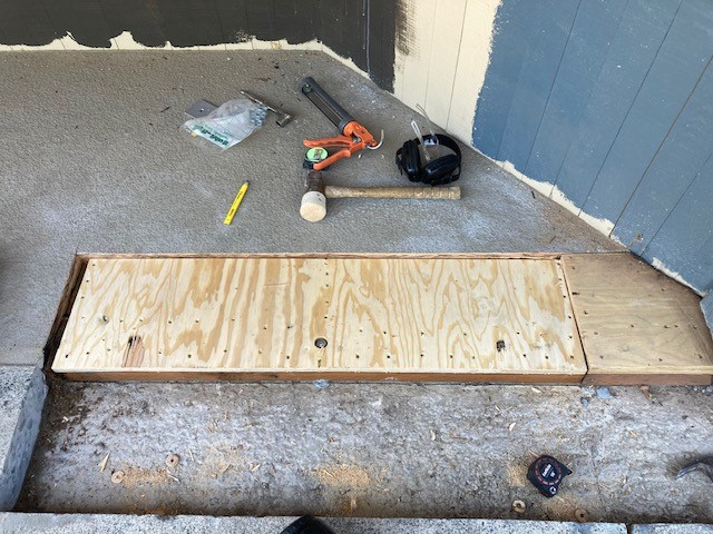 office building water damage restoration process. replacing rotten wood.