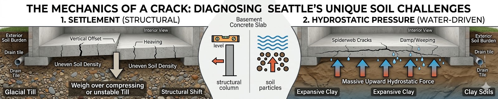 Technical diagram of basement floor crack repair causes: comparing structural settlement in Seattle glacial till versus water-driven hydrostatic pressure in clay soils.