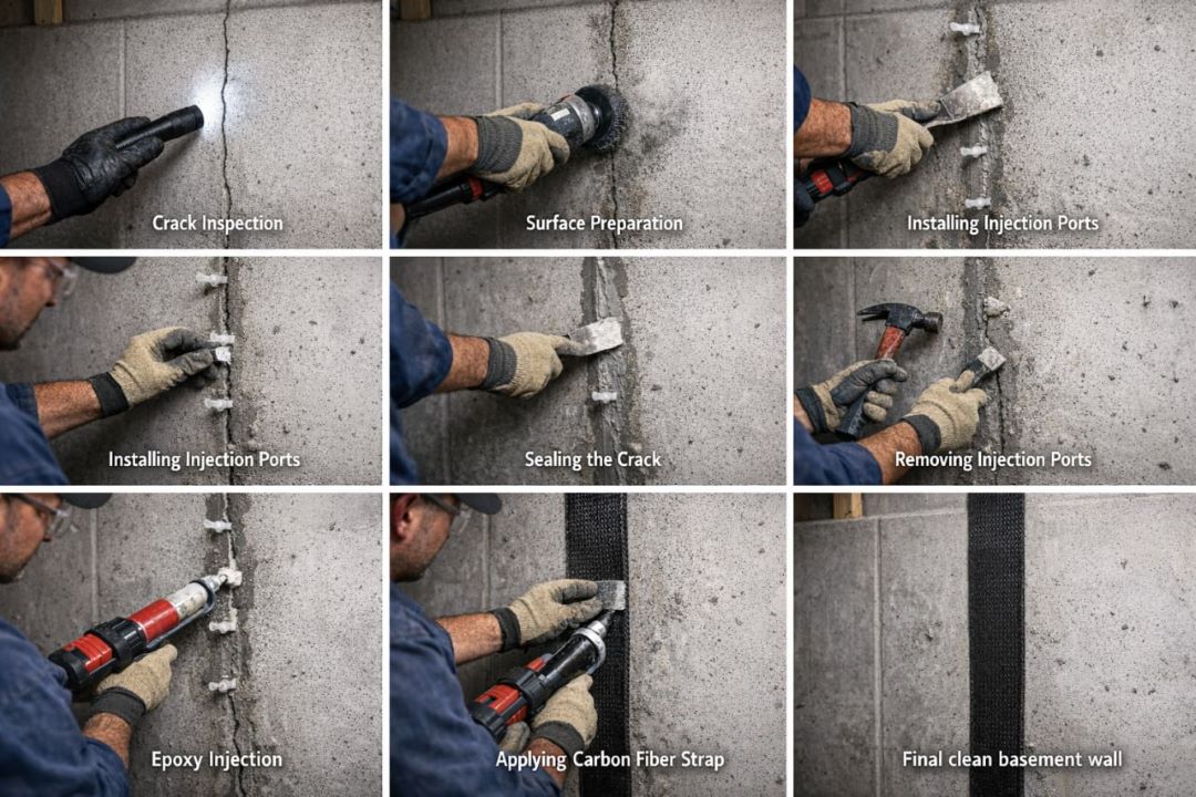 Step by step process diagram for carbon fiber application as a wall reinforcement