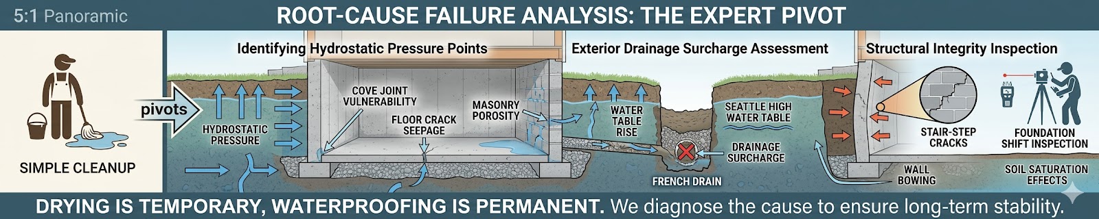 A 5:1 panoramic infographic titled "Root-Cause Failure Analysis: The Expert Pivot" for basement waterproofing. The graphic contrasts a "Simple Cleanup" mop-and-bucket approach with three technical diagnostic stages: Identifying Hydrostatic Pressure Points (cove joints and floor cracks), Exterior Drainage Surcharge Assessment (high water tables and failing French drains), and Structural Integrity Inspection (wall bowing and stair-step cracks). The footer reads: "Drying is temporary, waterproofing is permanent.