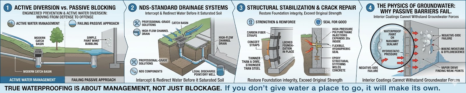 A 5:1 panoramic technical infographic titled "Engineered Prevention & Active Water Diversion." The graphic is divided into four sections: 1) Active Diversion vs. Passive Blocking, showing how modern catch basins outperform surface paint. 2) NDS-Standard Drainage Systems, illustrating professional-grade basins and legal discharge points. 3) Structural Stabilization & Crack Repair, detailing carbon fiber reinforcement and high-pressure injections. 4) The Physics of Groundwater, explaining why interior "passive" coatings fail due to hydrostatic pressure and vapor drive. The footer reads: "True waterproofing is about management, not just blockage.