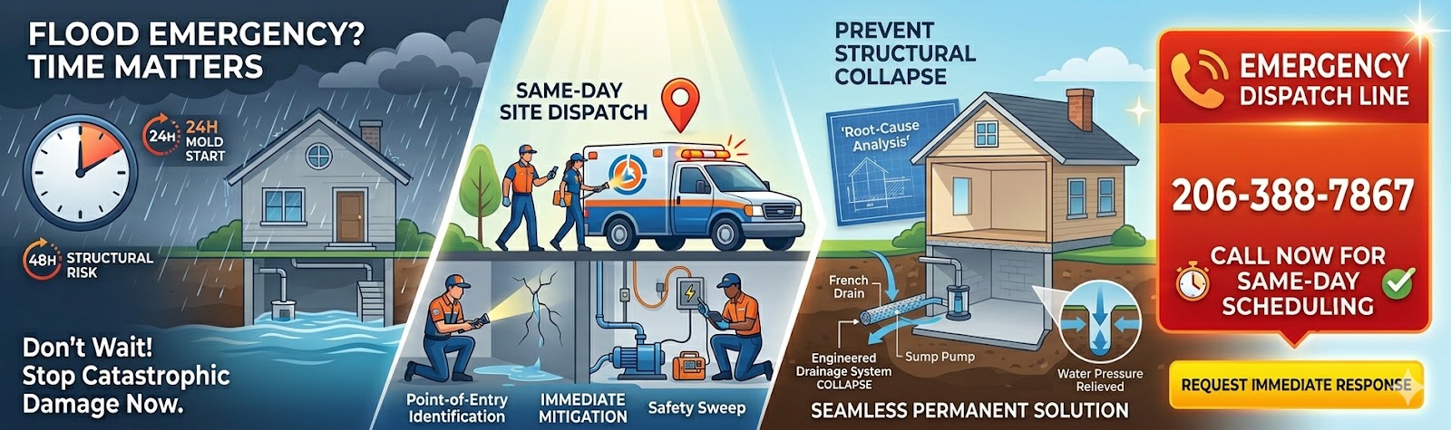 A wide-format illustrative website banner infographic for a flood emergency service, presented in three key stages: problem (mold and structural risk in 24-48 hours), immediate response (same-day dispatch, leak detection, safety sweep), and long-term solution (engineered drainage system with French drain and sump pump). The far-right panel is a red call-to-action (CTA) box featuring a phone icon and the prominent header text 'EMERGENCY DISPATCH LINE'. Below the header is the specific, boldly displayed phone number '206-388-7867'. Below the number are details about calling for same-day scheduling and a yellow button labeled 'REQUEST IMMEDIATE RESPONSE'. The image has a clean, professional, illustrative style.