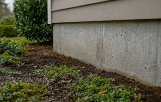 Corner of a house foundation at ground level showing a narrow crack in the concrete wall, Pacific Northwest-style siding and soil visible—illustrating foundation symptoms sellers often document before listing.