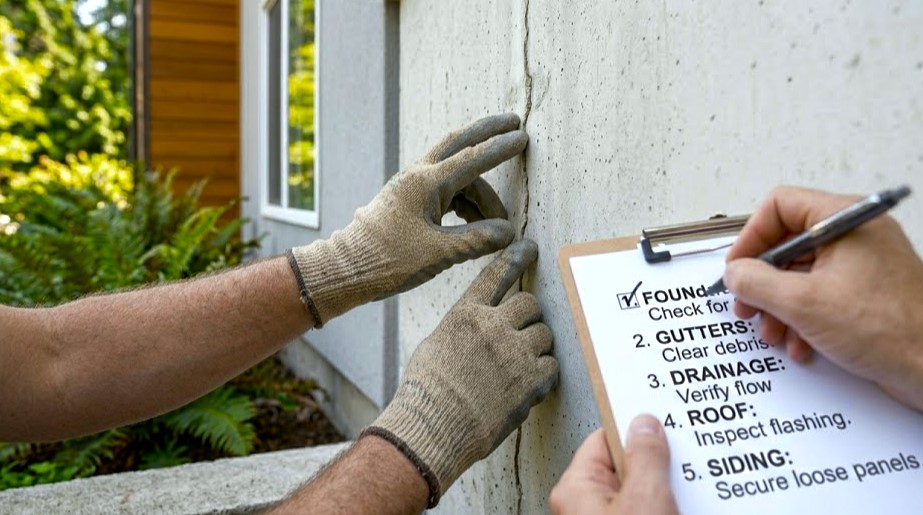 Inspector checklist and tape measure used to document a small crack in a concrete foundation wall before Seattle’s rainy season.