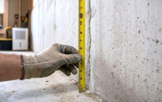 Gloved inspector measuring a small vertical crack in a concrete basement wall with a tape measure during a Seattle summer foundation inspection.