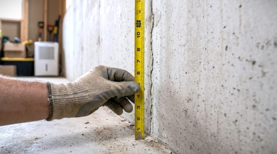 Gloved inspector measuring a small vertical crack in a concrete basement wall with a tape measure during a Seattle summer foundation inspection.