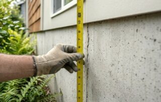 Gloved inspector measuring a small crack in a concrete foundation wall to assess whether repair is needed before Seattle’s rainy season.